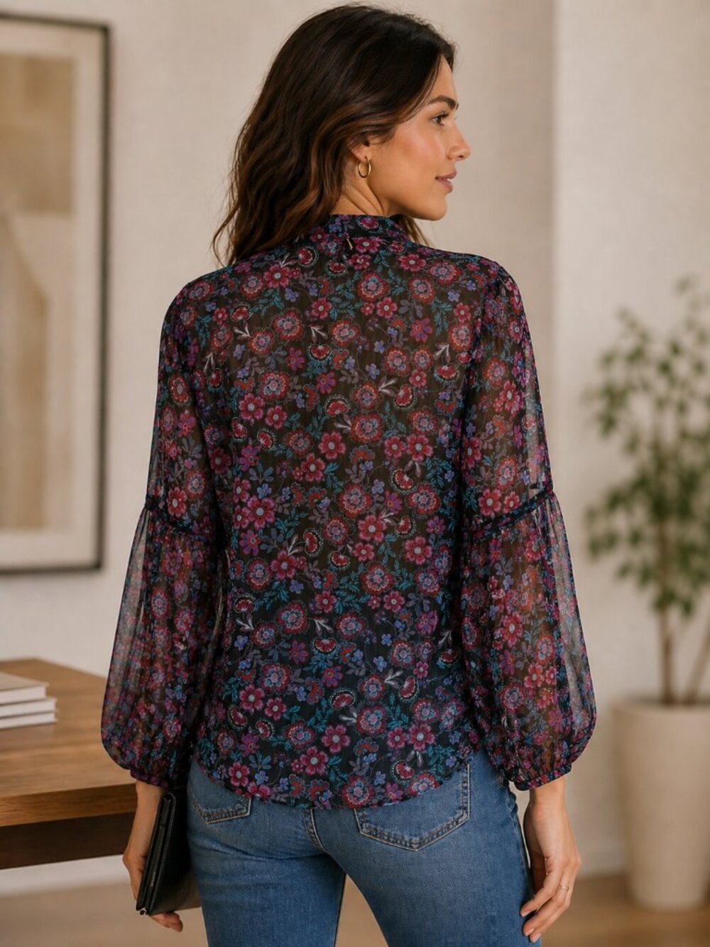 MISA Los Angeles Floral Semi Sheer Blouse Bell Sleeve Size S - Picture 2 of 6